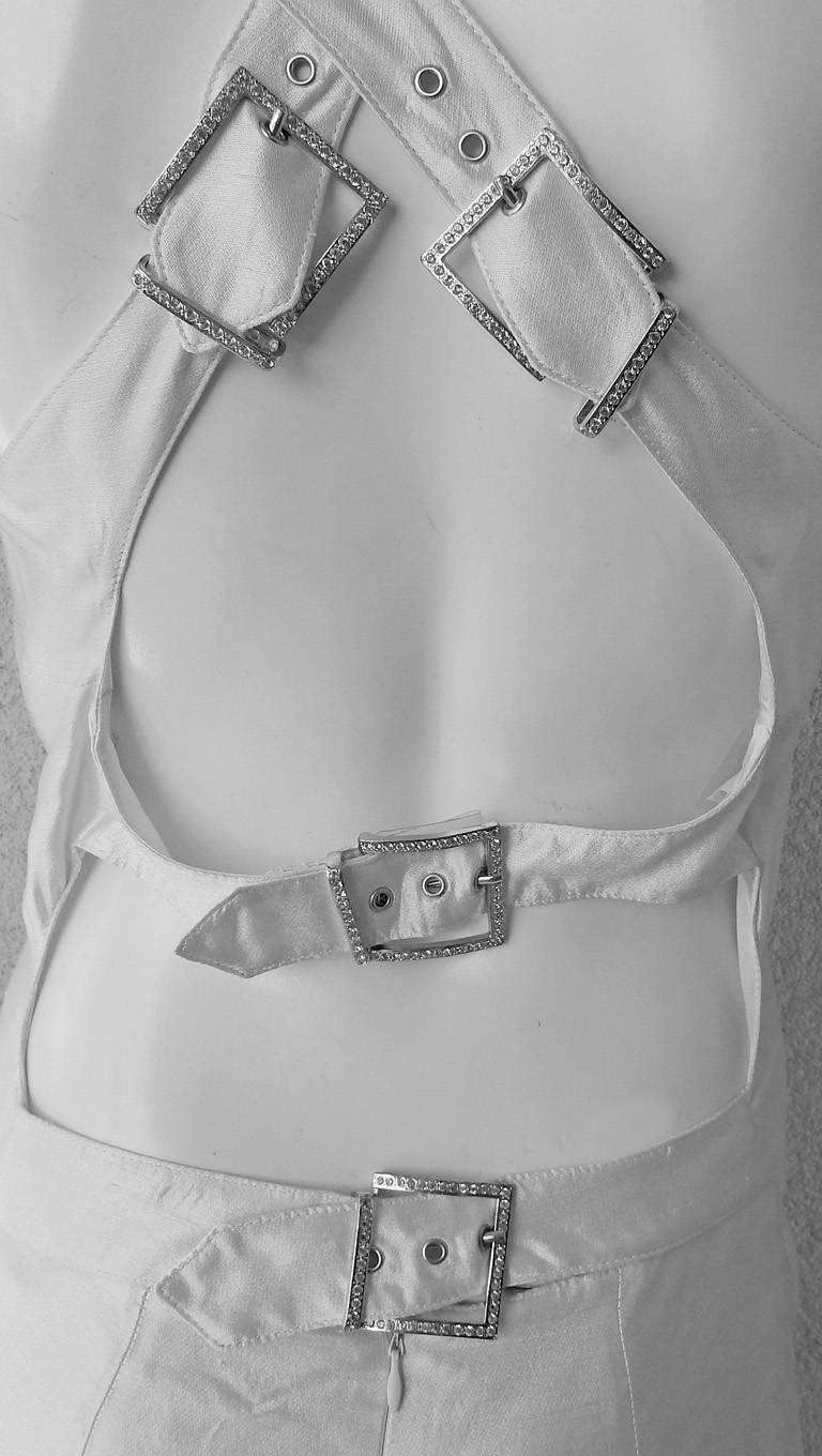 Valentino White Bondage Runway Finale Dress Gown with Jeweled Buckles and Train In Excellent Condition In Los Angeles, CA