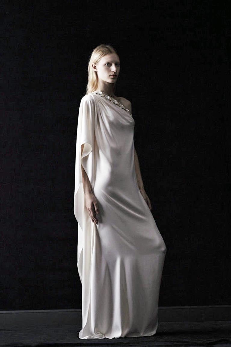 Lanvin White Grecian Drape One Shoulder Gown with Embellished Flower Neckline In Excellent Condition In Los Angeles, CA