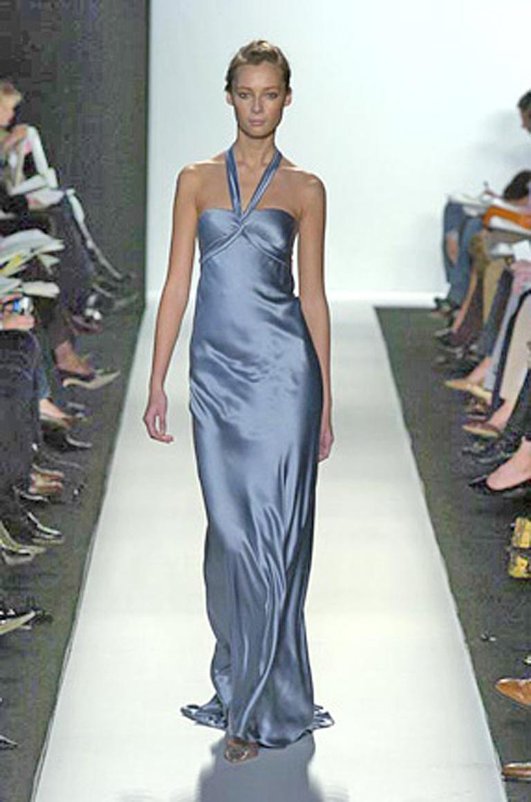 Oscar de la Renta bias cut gunmetal blue silk charmeuse halter gown as seen in his runway collection. Designed in the tradition of 1930's Old Hollywood glamour ... very reminiscent of the legendary 