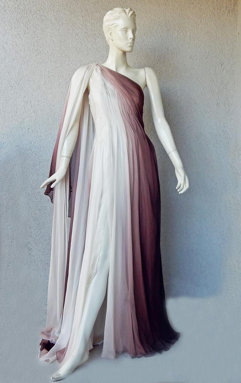 Gray Monique LHuillier Runway One Shoulder Toga Silk Chiffon Gown Dress