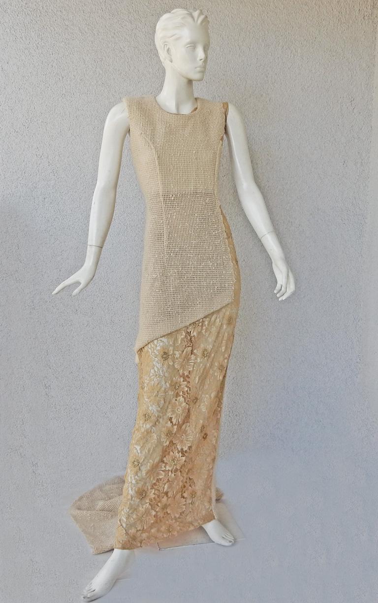 Rei Kawakubo opened the 1997 f/w runway show in this  soft gold lace and textured wool asymmetrical embellished  gown.    As seen in the Comme des Garcons MET exhibition.  Sleeveless crew neck design with full underskirt of lace and lightly
