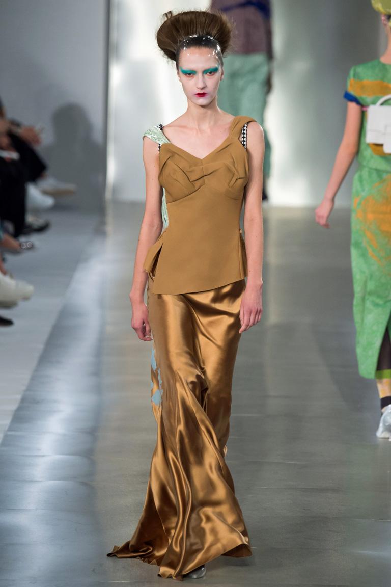 Maison Margiela by John Galliano mixed media kimono inspired print gown.    Bodice fashioned of mustard scuba fabric with narrow  asymmetric peplum at waist.  Extends into  gold silk charmeuse bias godet gown.  Exposed back accented by seafoam