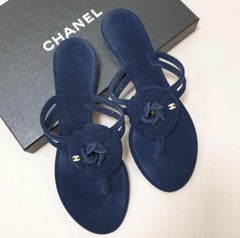 NWOB Chanel Navy Blue Velour Camellia Thong Flip Flops