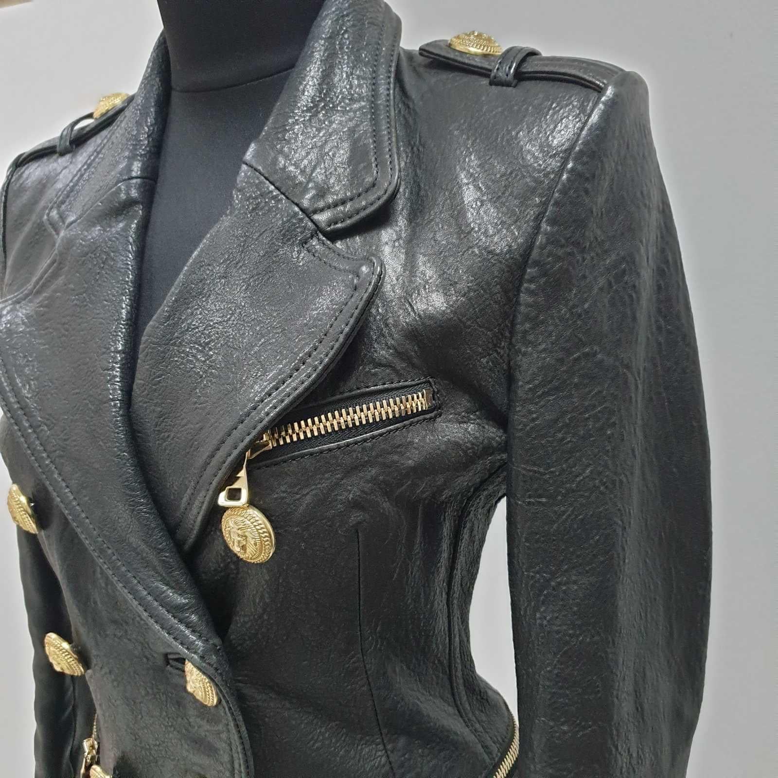 BALMAIN Veste à double boutonnage en cuir grainé noir Sz.38 Bon état - En vente à Krakow, PL