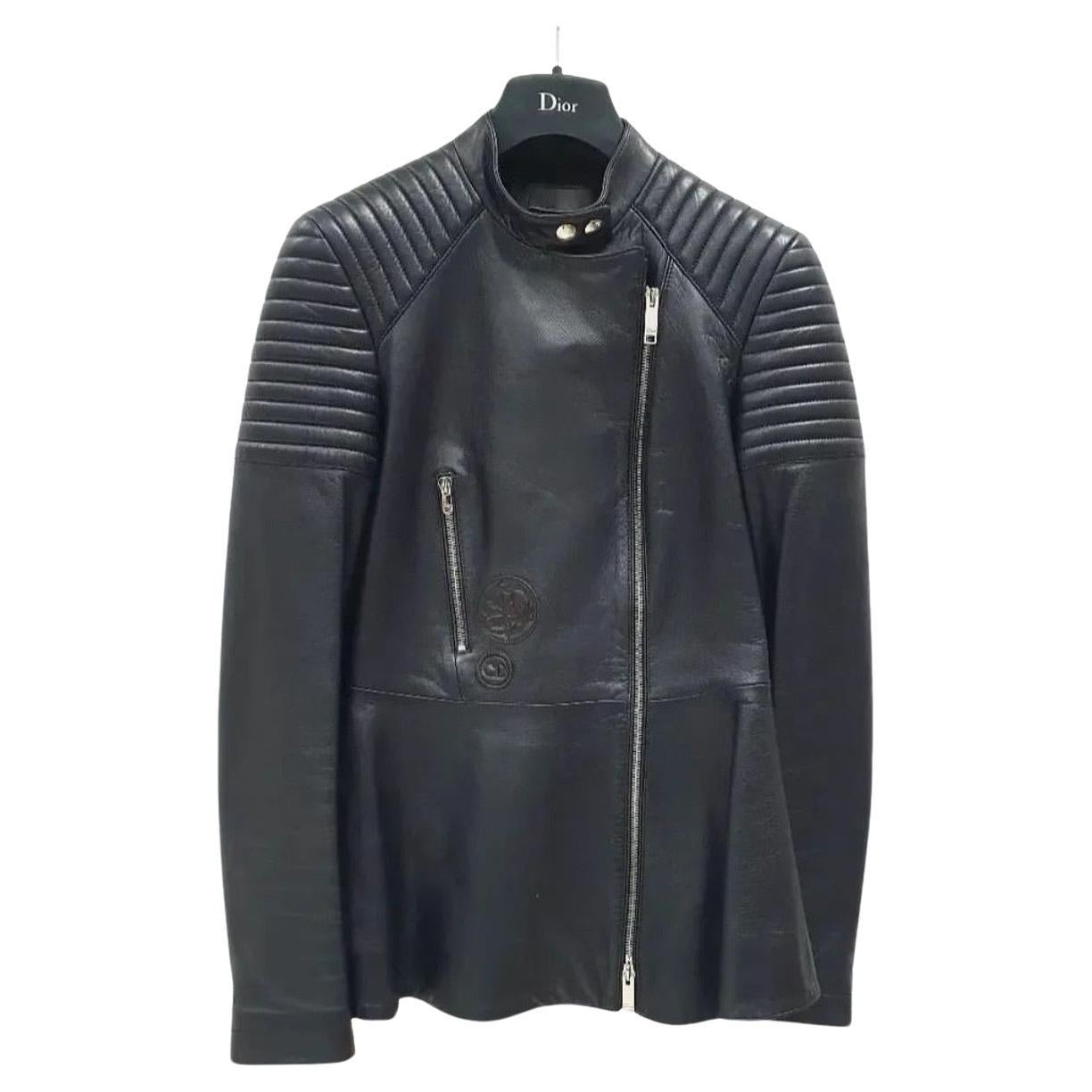Christian Dior Black Leather Flared Jacket  For Sale