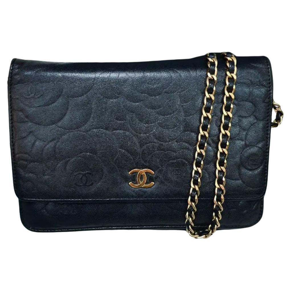 Chanel Camellia WOC Wallet On Chain Black Lambskin Leather  For Sale