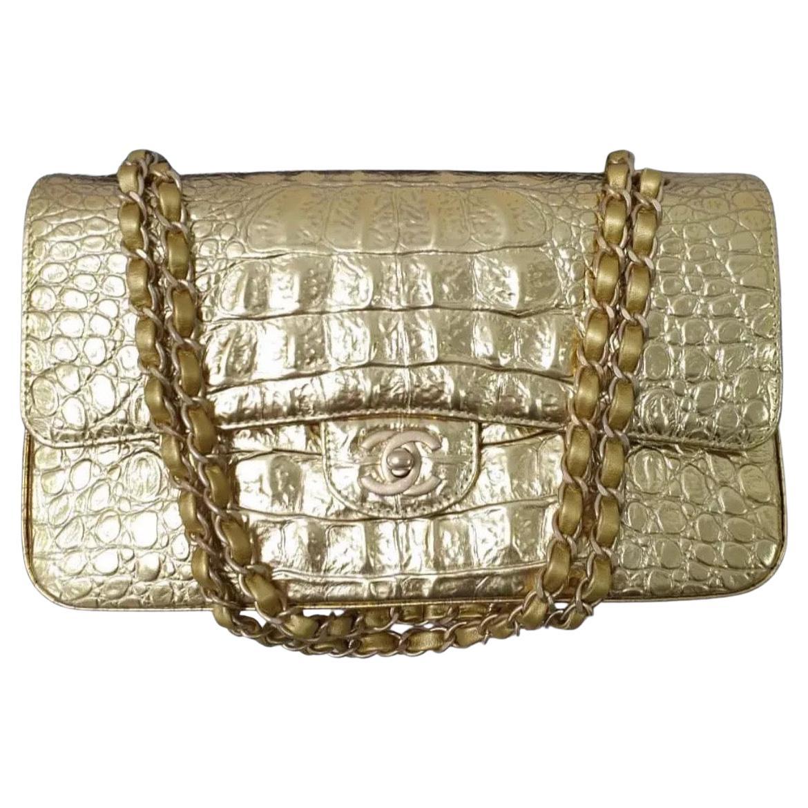 Chanel Medium Gold Croco Embossed Double Flap Shoulder Bag en vente