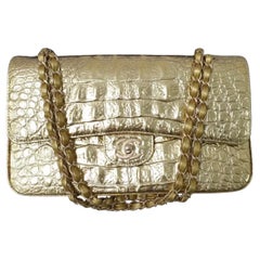 Chanel Medium Gold Croco Embossed Double Flap Shoulder Bag