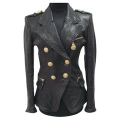 BALMAIN Veste à double boutonnage en cuir grainé noir Sz.38