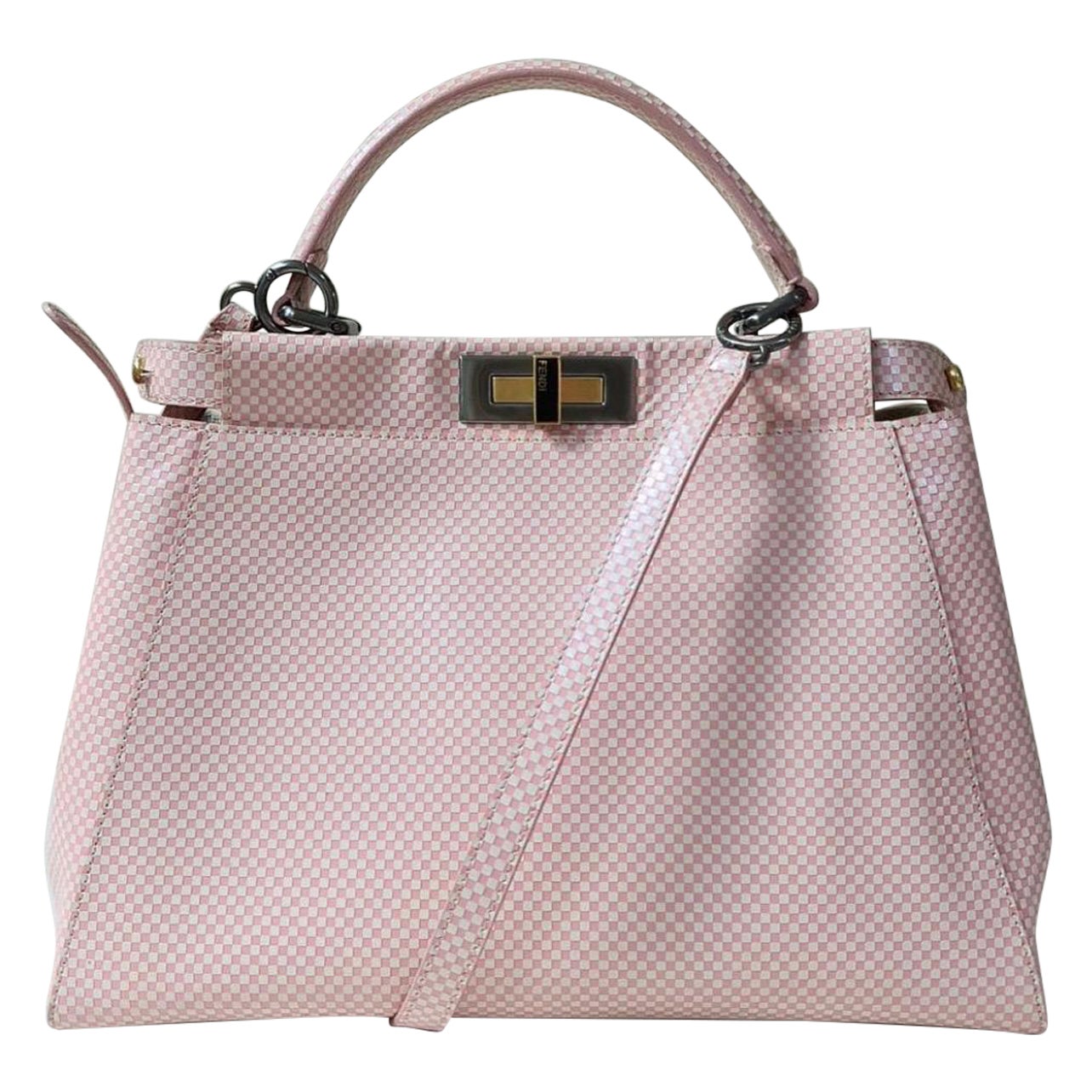 Fendi Bolso mediano de asa alta con forro de lentejuelas y piel a cuadros rosa/blanco