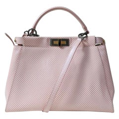 Fendi Pink/White Checkered Leather Sequin Lining Medium Peekaboo Top Handle Bag