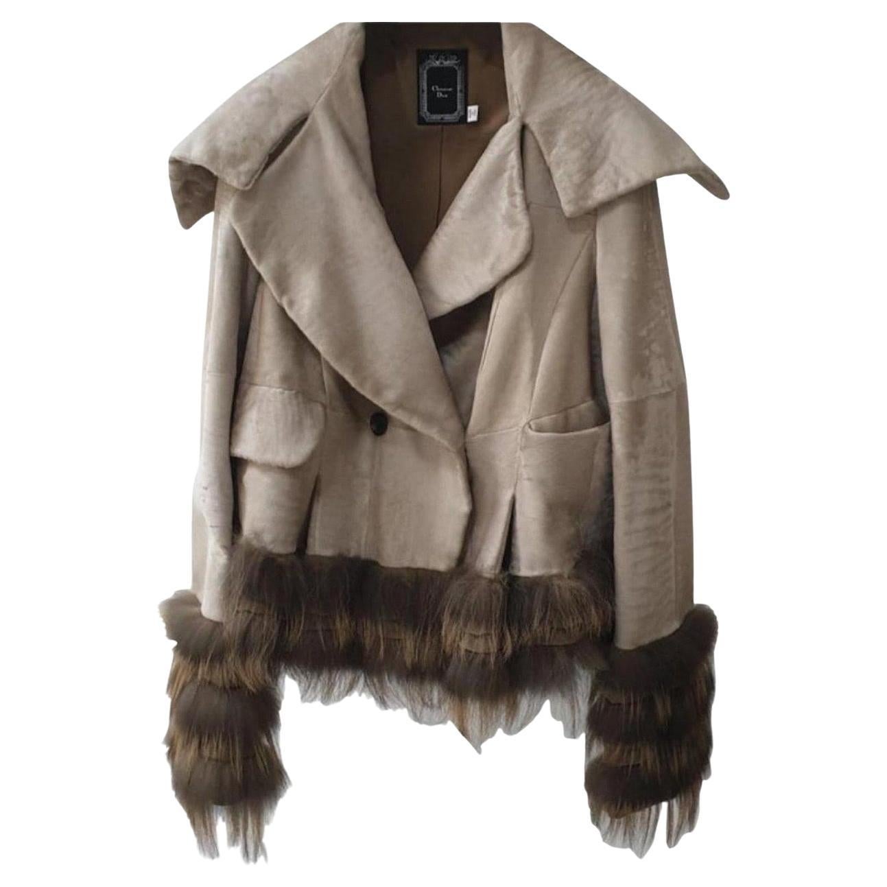Christian Dior - Giacca in pelle beige con rifiniture in volpe - sz.36 in vendita