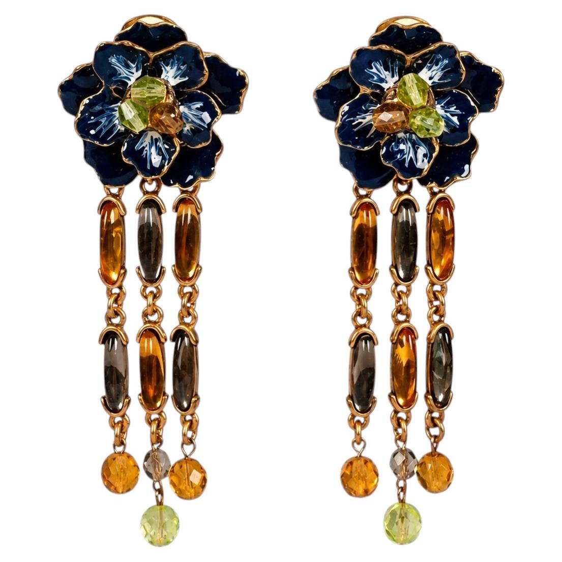 Oscar de la Renta Gold Tone Flower Clip-On Drop Earrings, Vintage