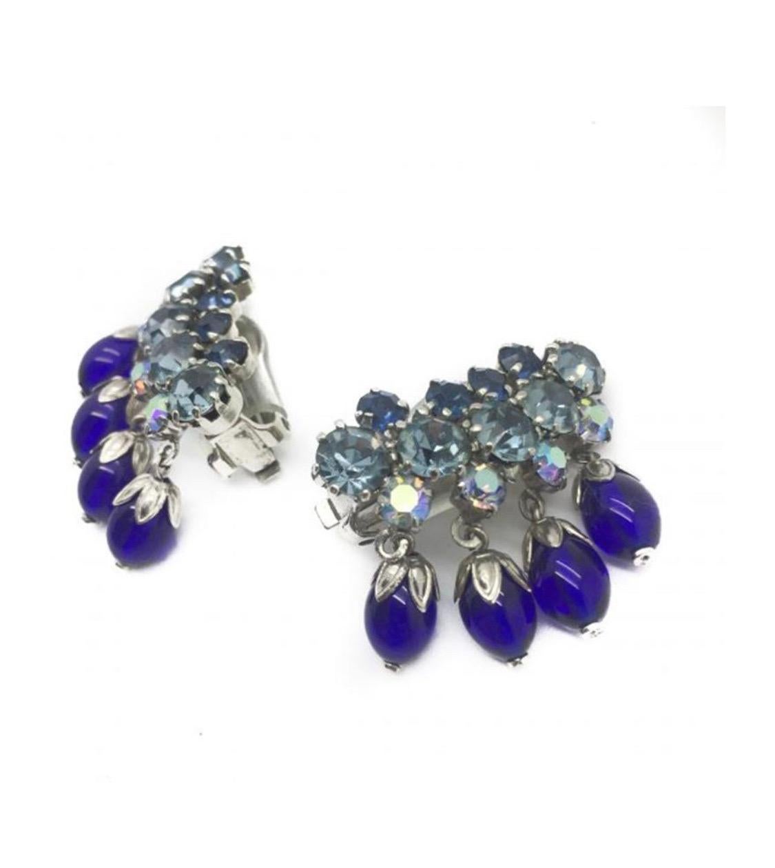 Women's Vintage Electric Blue Glass Earclimber Drop Earrings 1950S