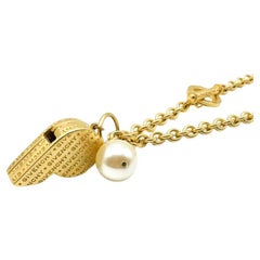 Vintage Givenchy Statement Runway Gold & Pearl Logo Whistle Chain Necklace 1990s