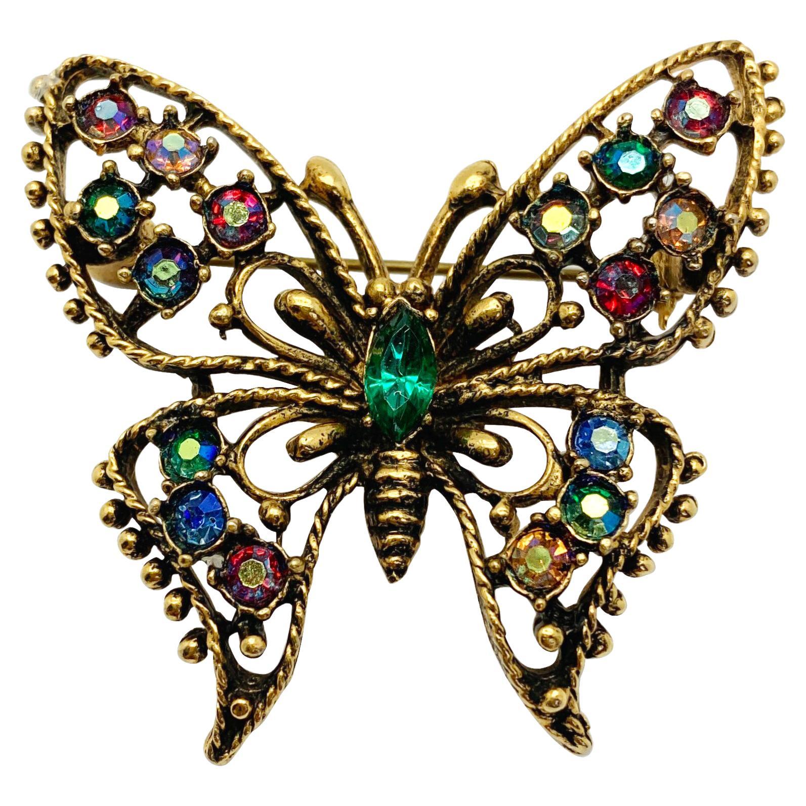 Vintage Crystal Aurora Borealis Crystal Butterfly Brooch 1960s For Sale