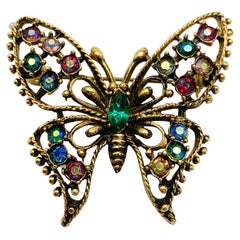 Antique Crystal Aurora Borealis Crystal Butterfly Brooch 1960s