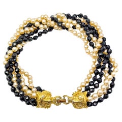 Vintage Statement Big Cat Multistrand Pearl & Glass Torsade Necklace 1980s