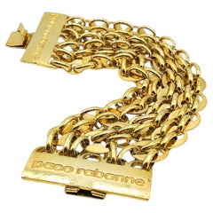 Vintage PACO RABANNE Statement Sculptural Gold Plated Chain Logo Cuff 1970s