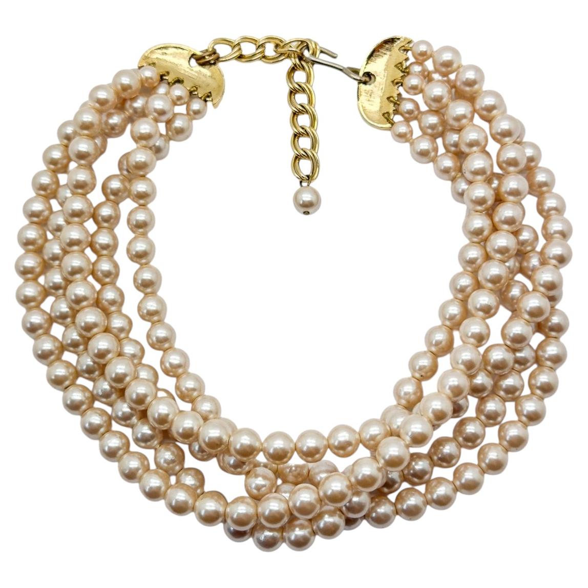 Vintage Five Strand Pearl Torsade Multi Strand Necklace, Gold Plated, 1960s For Sale