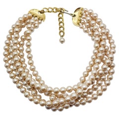 Vintage Five Strand Pearl Torsade Multi Strand Necklace, Gold Plated, 1960s