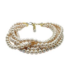 Vintage Five Strand Pearl Torsade Multi Strand Necklace, Gold Plated, 1960s