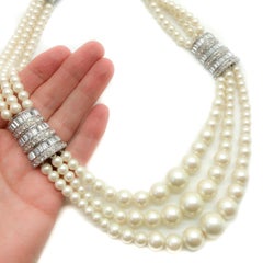 Vintage Art Deco Multi-Strand Pearl & Crystal Necklace, Rhodium Plated, 1990s
