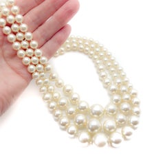 Vintage Triple Row Graduated Pearl Necklace 1980s