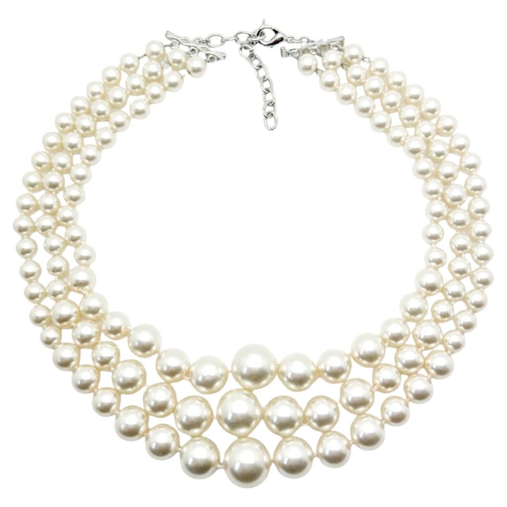 Vintage Triple Row Graduated Pearl Necklace 1980s