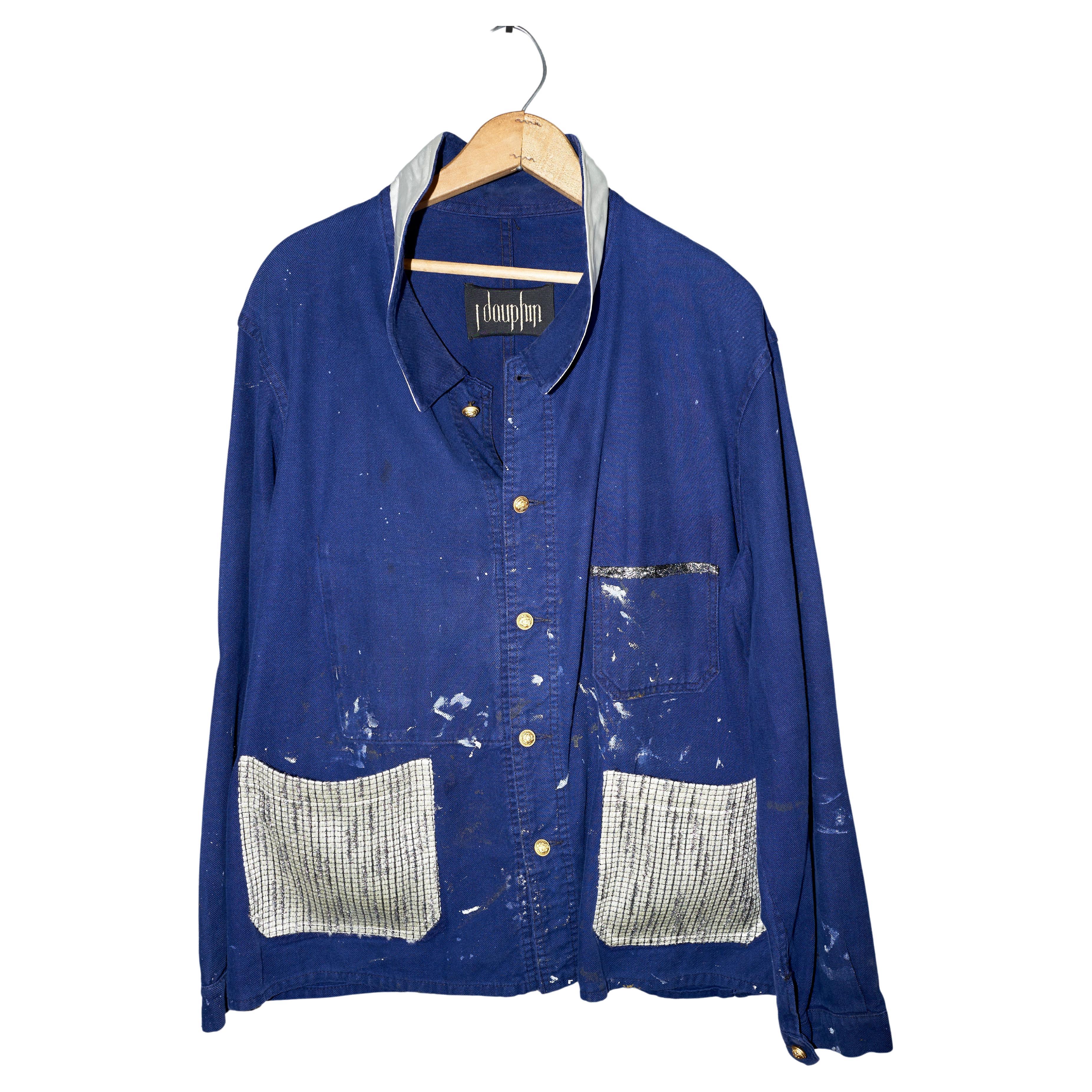 Blue Jacket White Lurex Tweed  Pockets French Workwear One of a kind J Dauphin