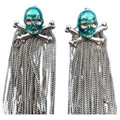 Skull Earring with Chain - Gold Plated Green Enamel - J Dauphin Vintage