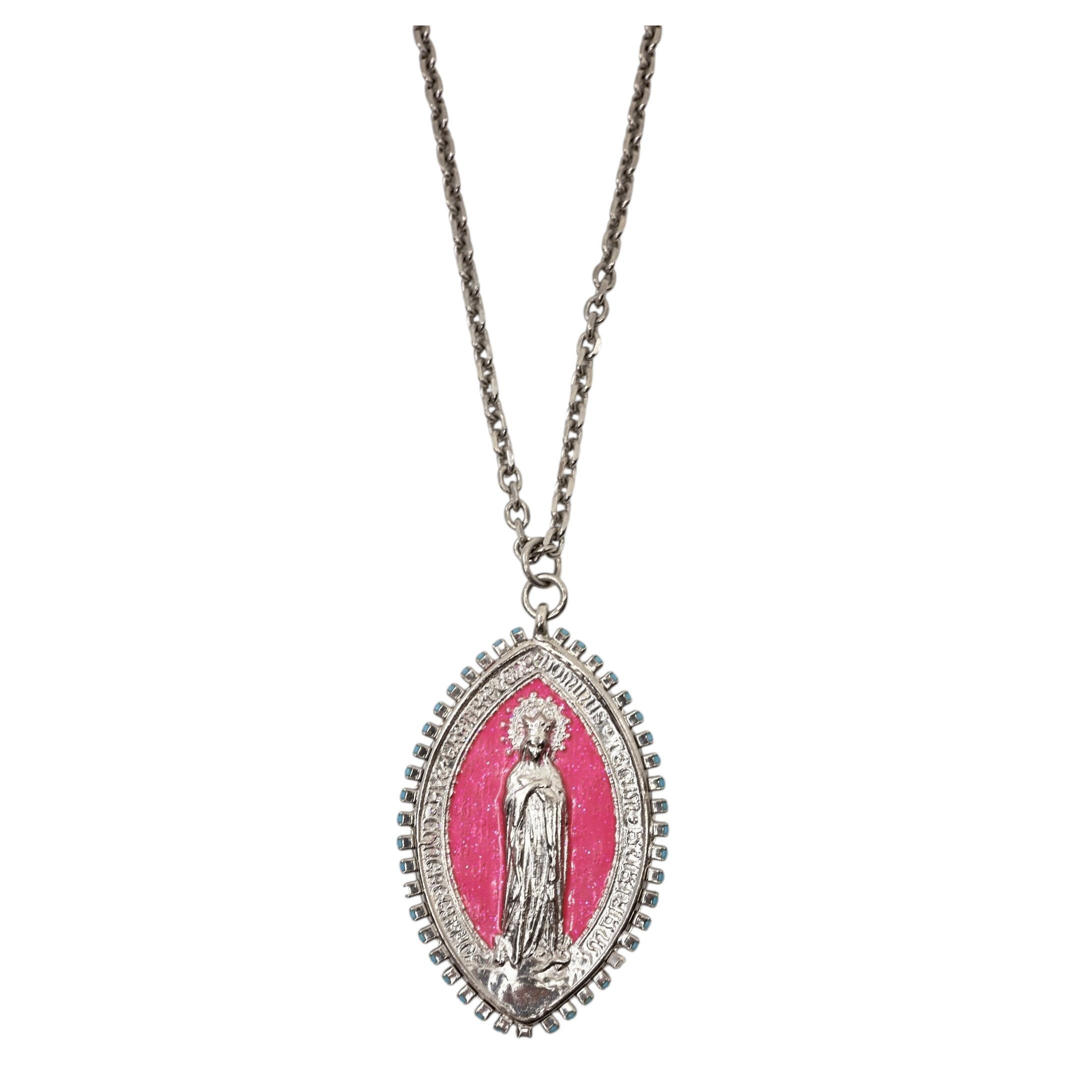 Virgin Mary Necklace Miraculous Medal Palladium Pink Enamel Vintage Crystal