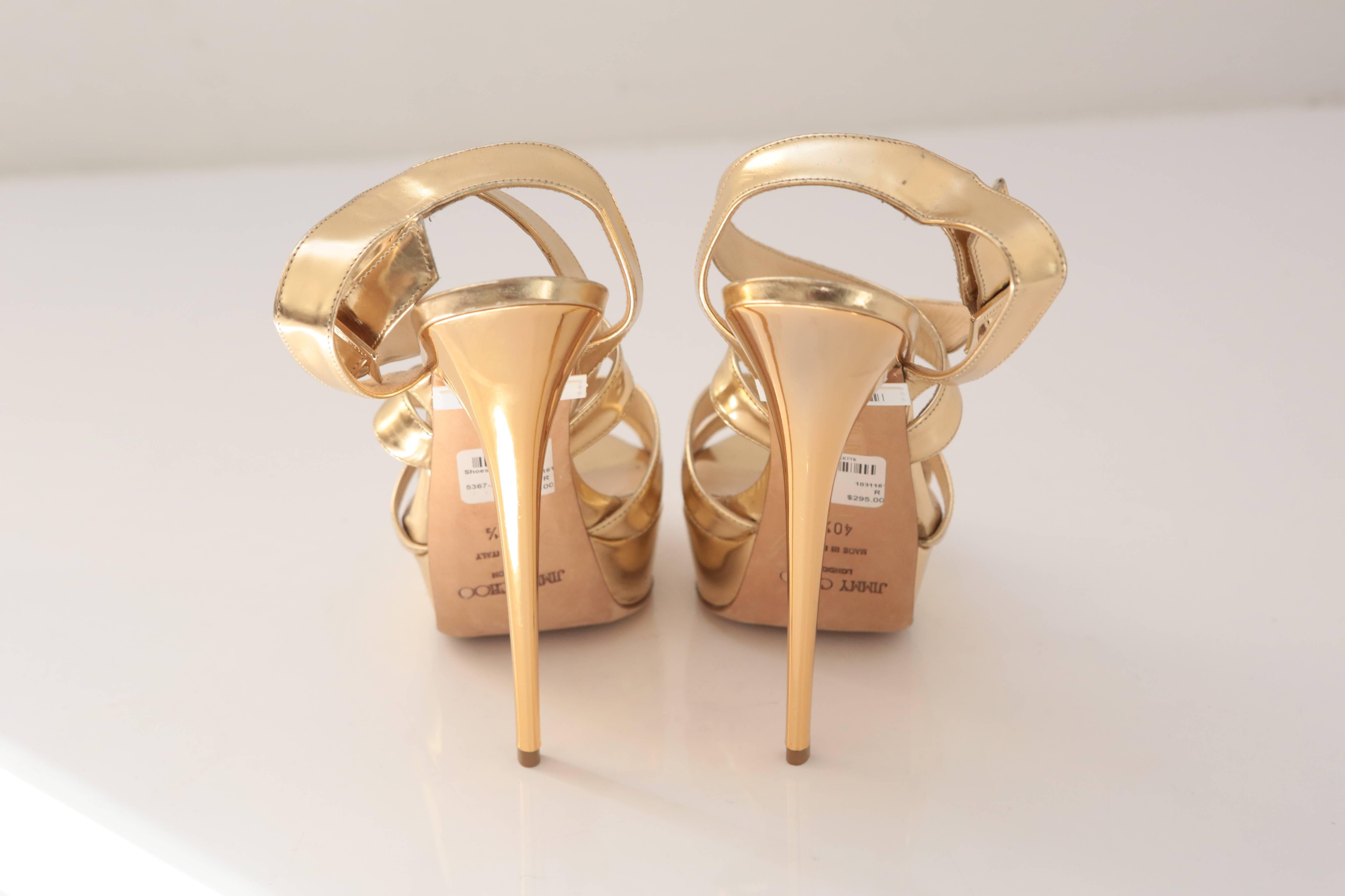Jimmy Choo Gold Mirror Sandals In Excellent Condition In Bridgehampton, NY