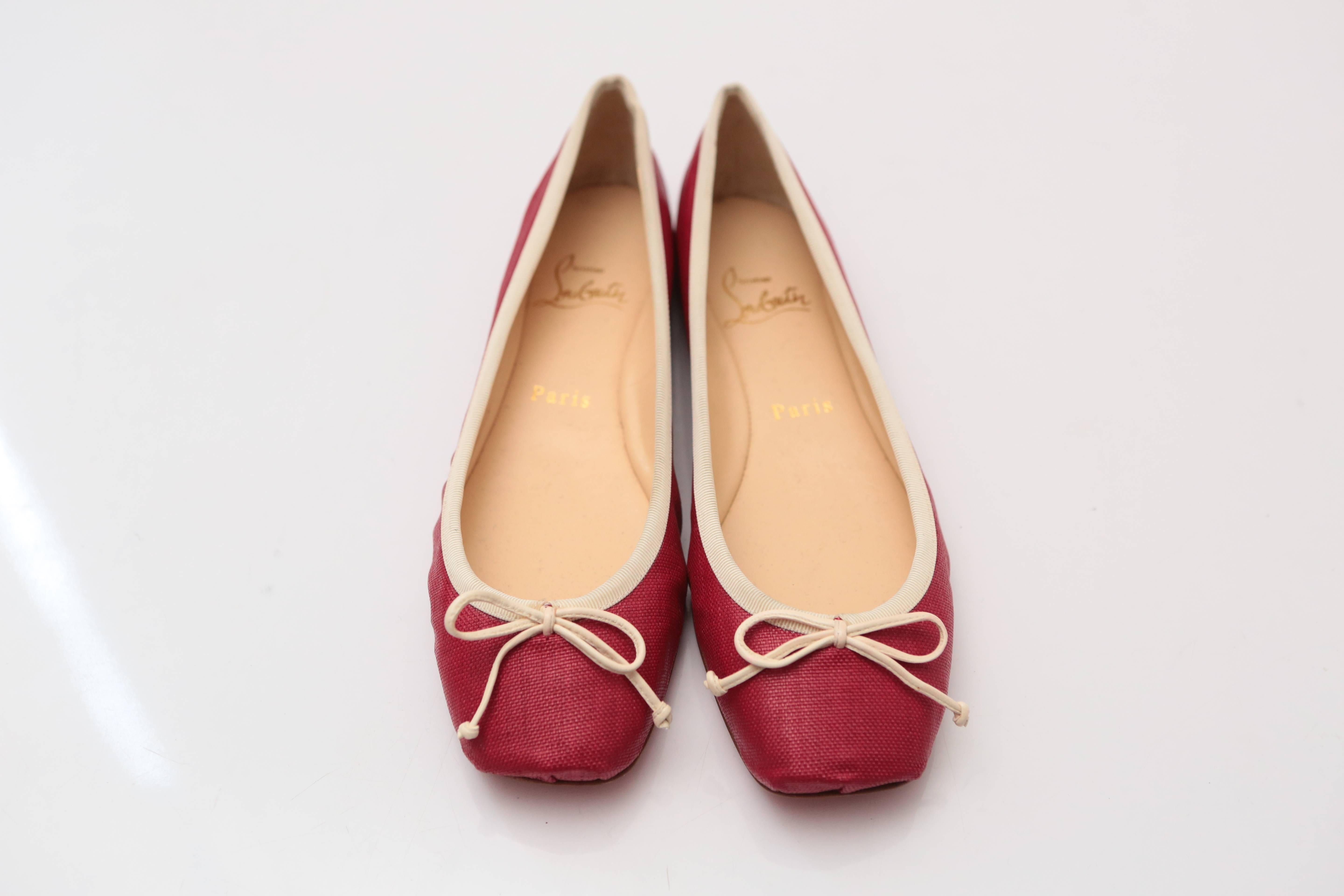 Brown Christian Louboutin Rougue Linen Flats with White Piping