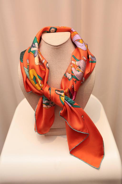Hermes Silk Scarf Featuring People on Orange at 1stDibs