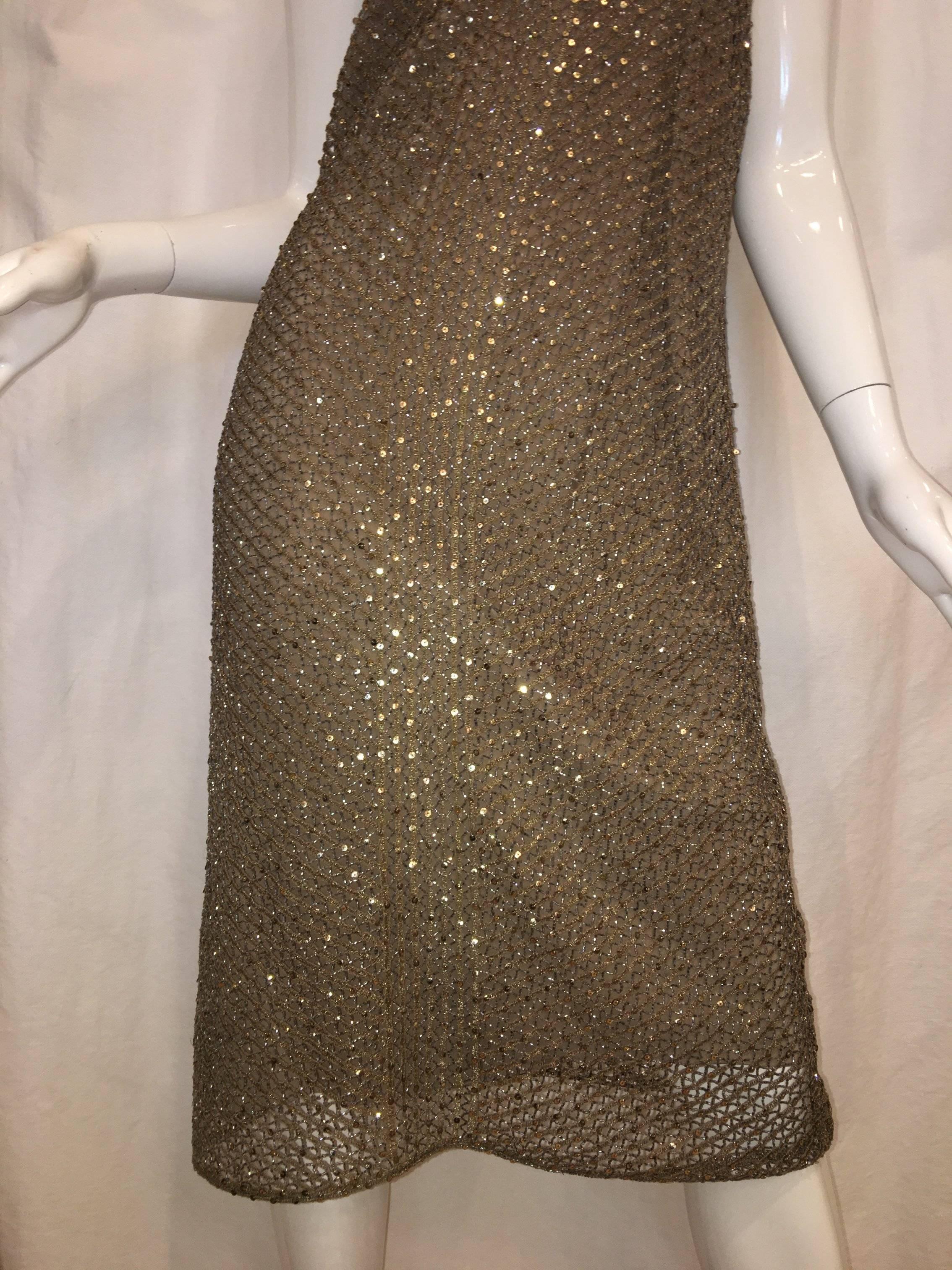 Ralph Lauren Gold Sequin with Knit Overlay Dress. Spaghetti Strap with Low cut Back. 