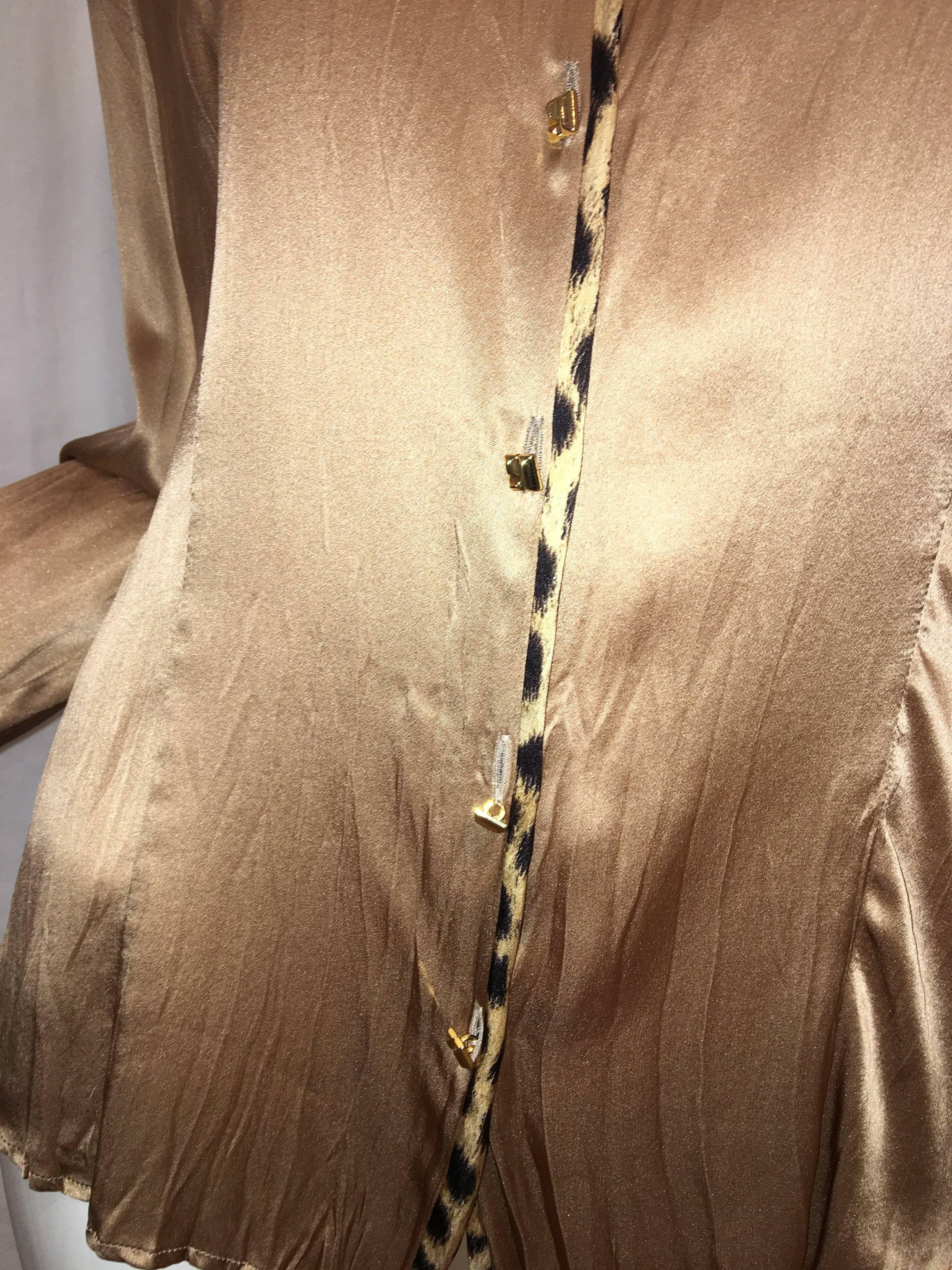 Roberto Cavalli Long Sleeve Button Up with Leopard Print Trim and Gold Buttons. Silk.