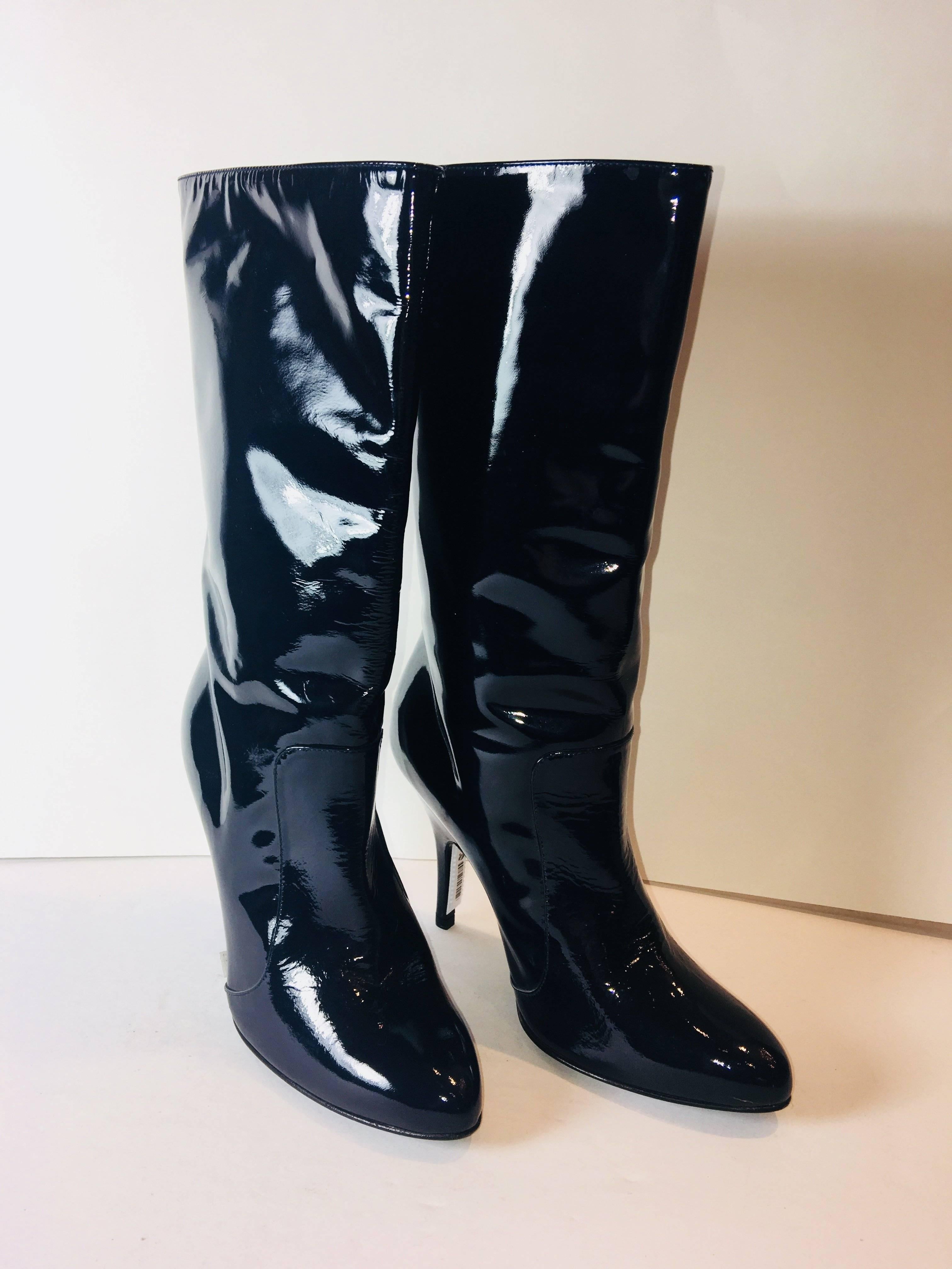 Lanvin Patent Leather Mid Calf Boots with Heel in Navy