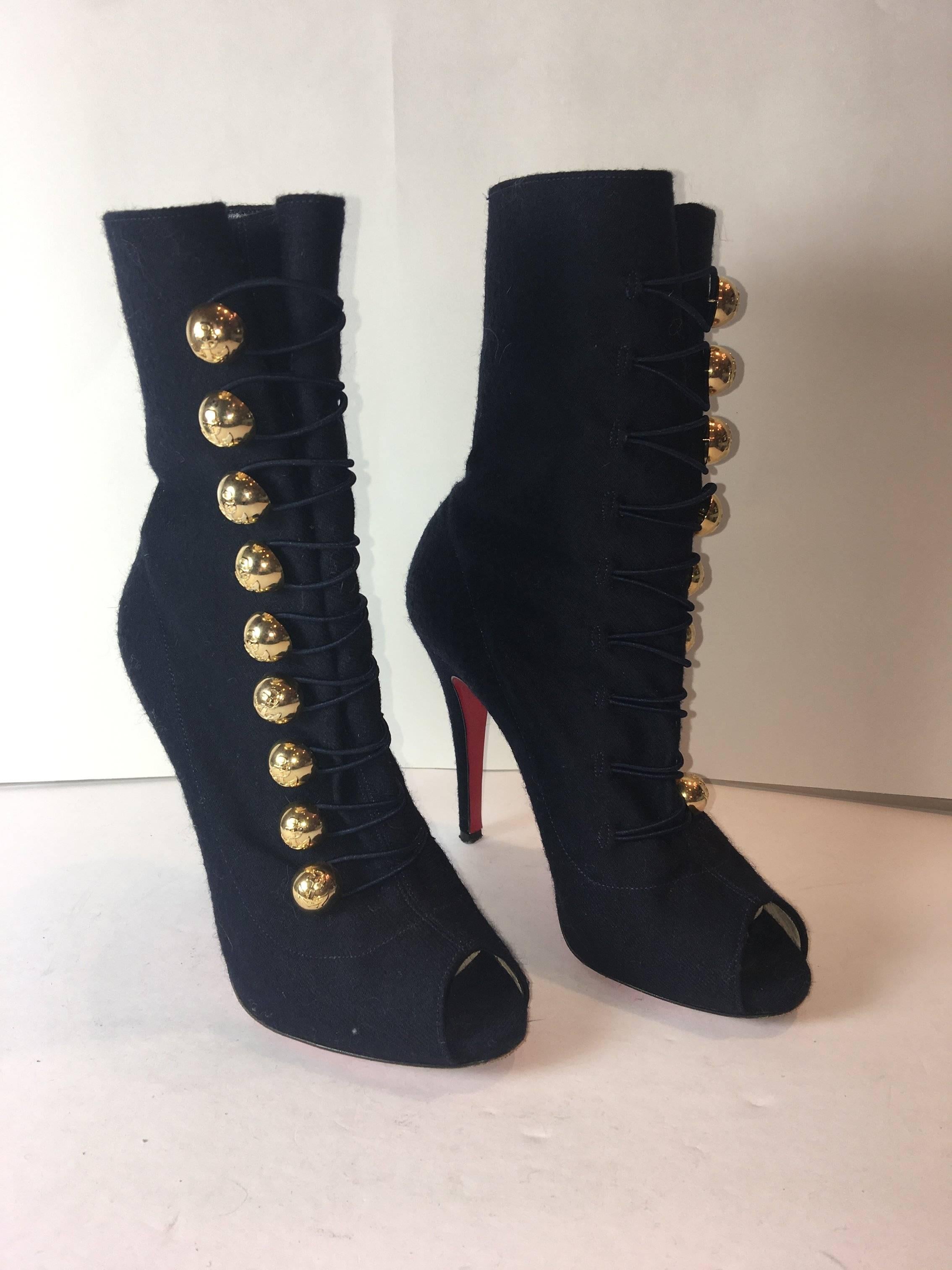 Christian Louboutin Peep Toe Mid Calf Booties in Navy Wool with Gold Toggle Buttons up the Front and Signature Red Sole.