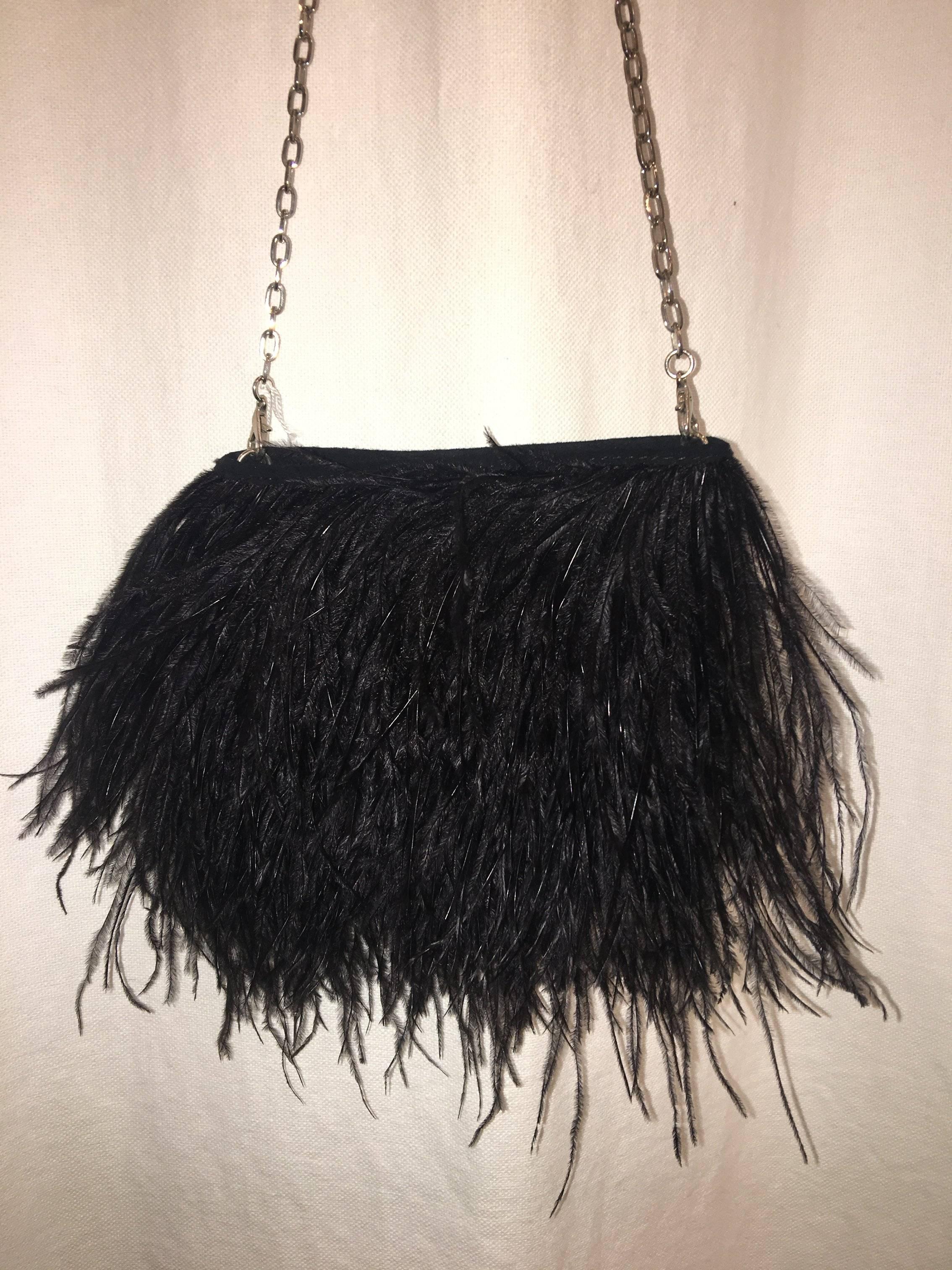 African Made Ostrich Feather Evening Bag with Silver Chain and Black Suede.