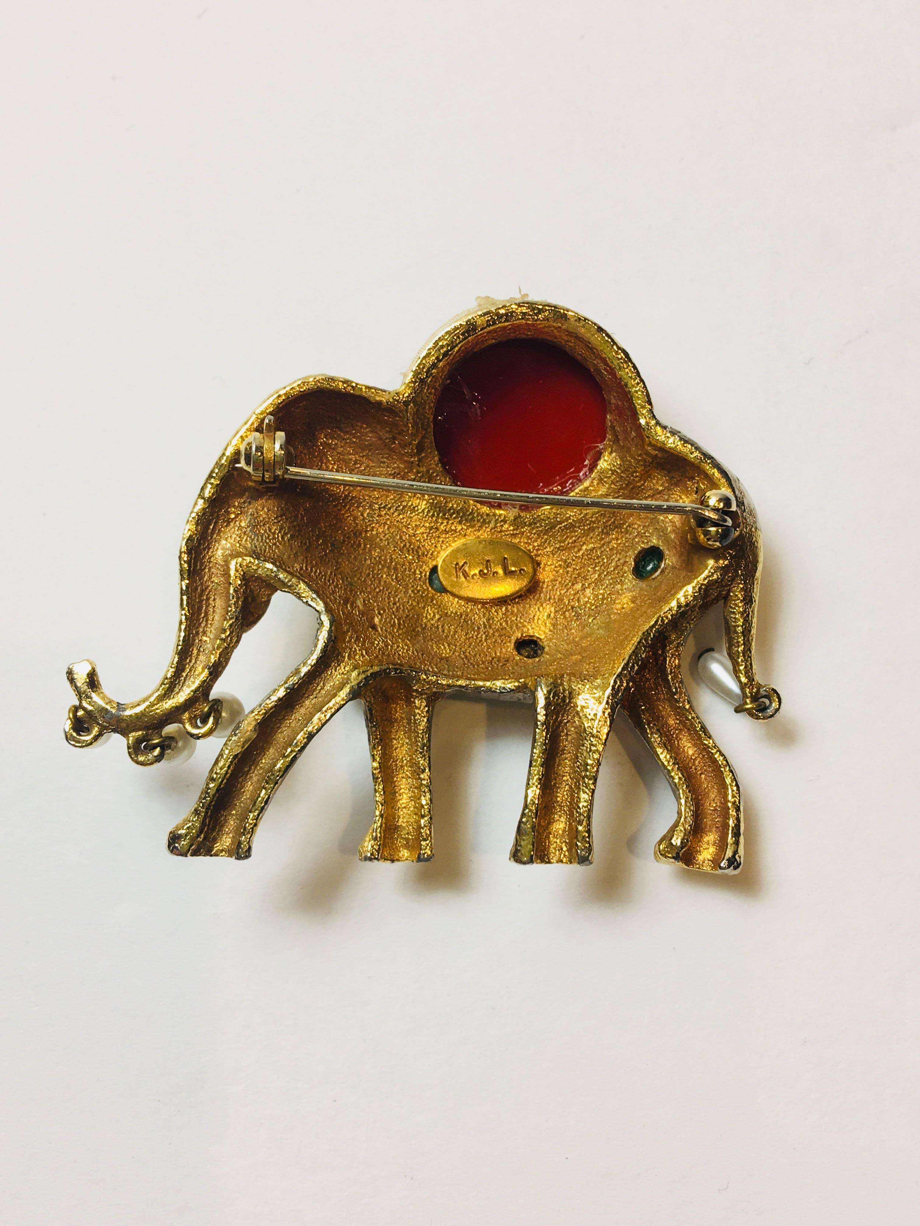 Kenneth Jay Lane Elephant Brooch with Multi Color Jewels.