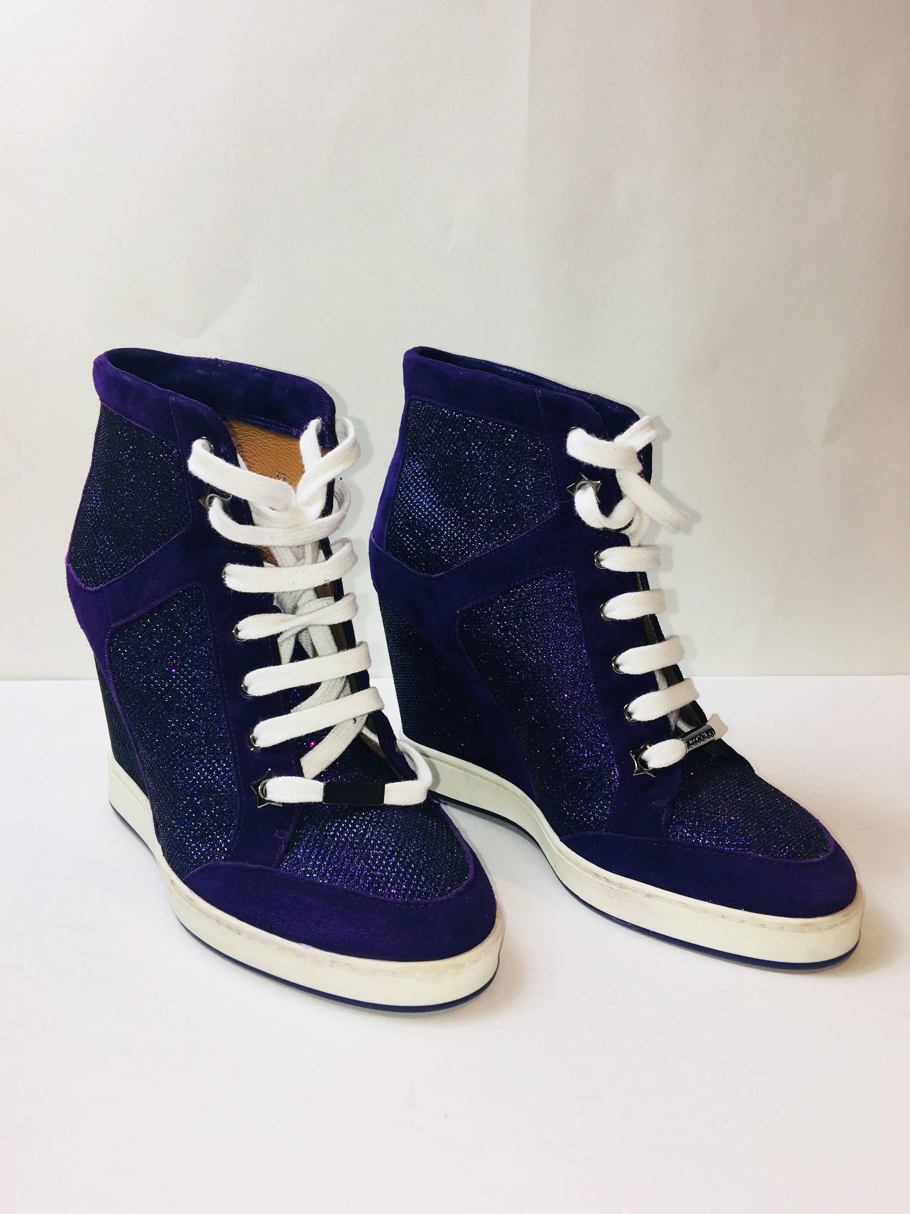Jimmy Choo Purple High Top Wedge with Sparkle Panels and White Laces.