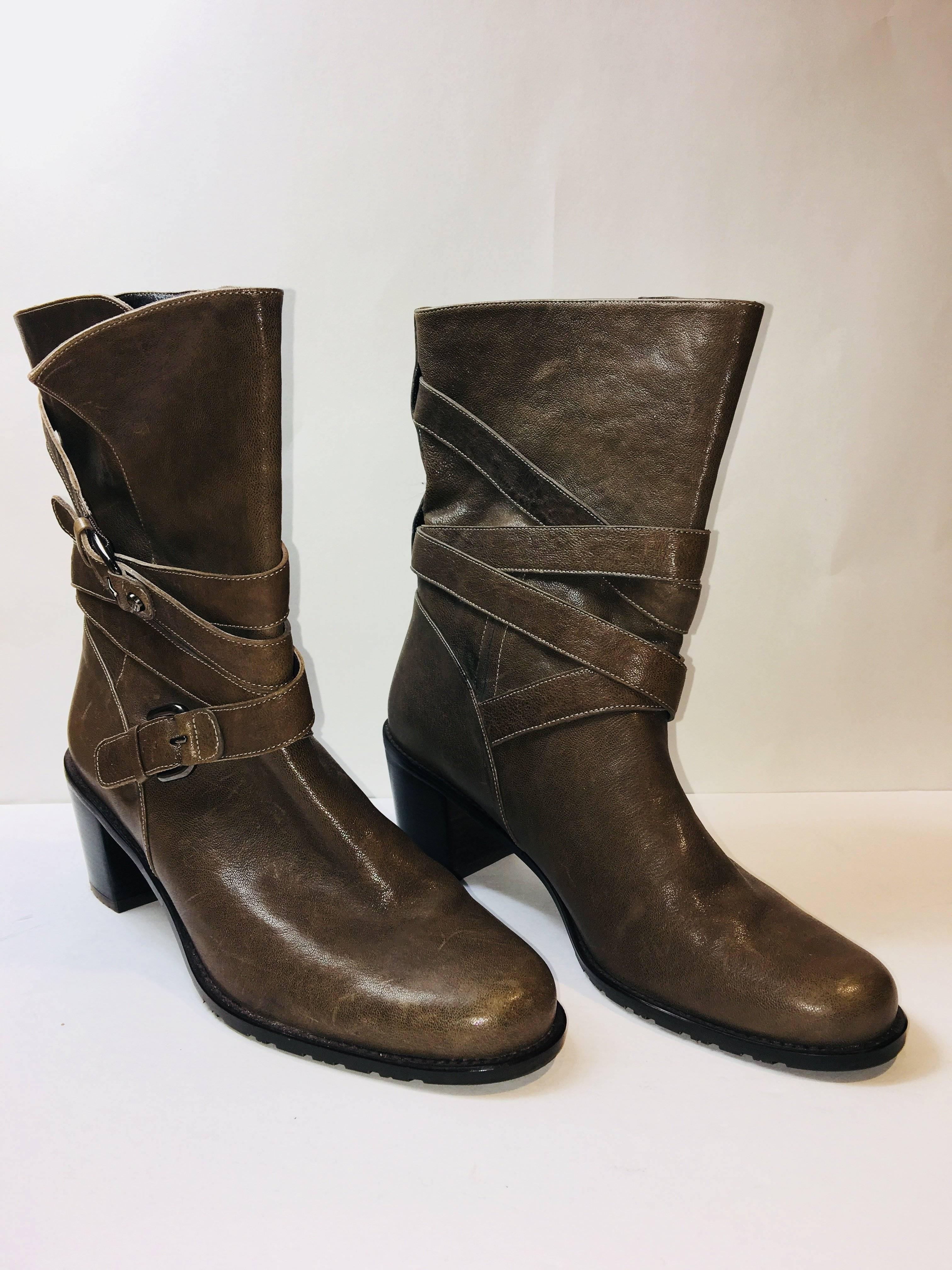 Stuart Weitzman Mid Calf Boots in Brown Leather with Wrap Around Buckles