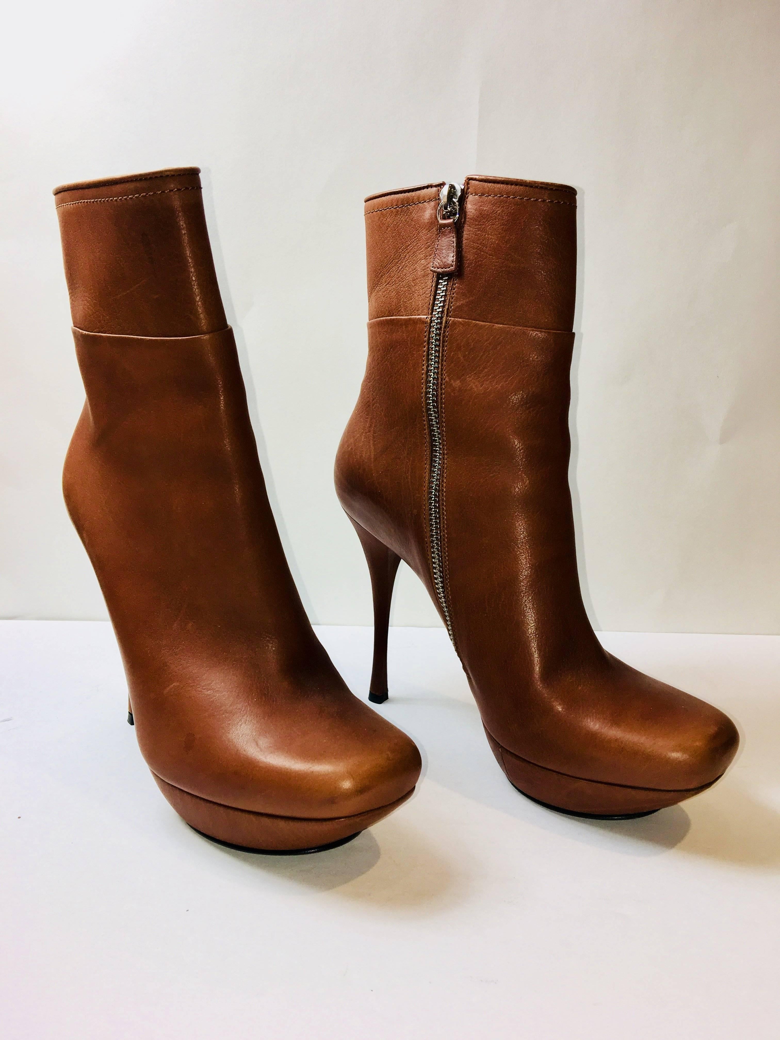 Lanvin Platform Ankle Boot in Cognac Leather with Side Zippers.