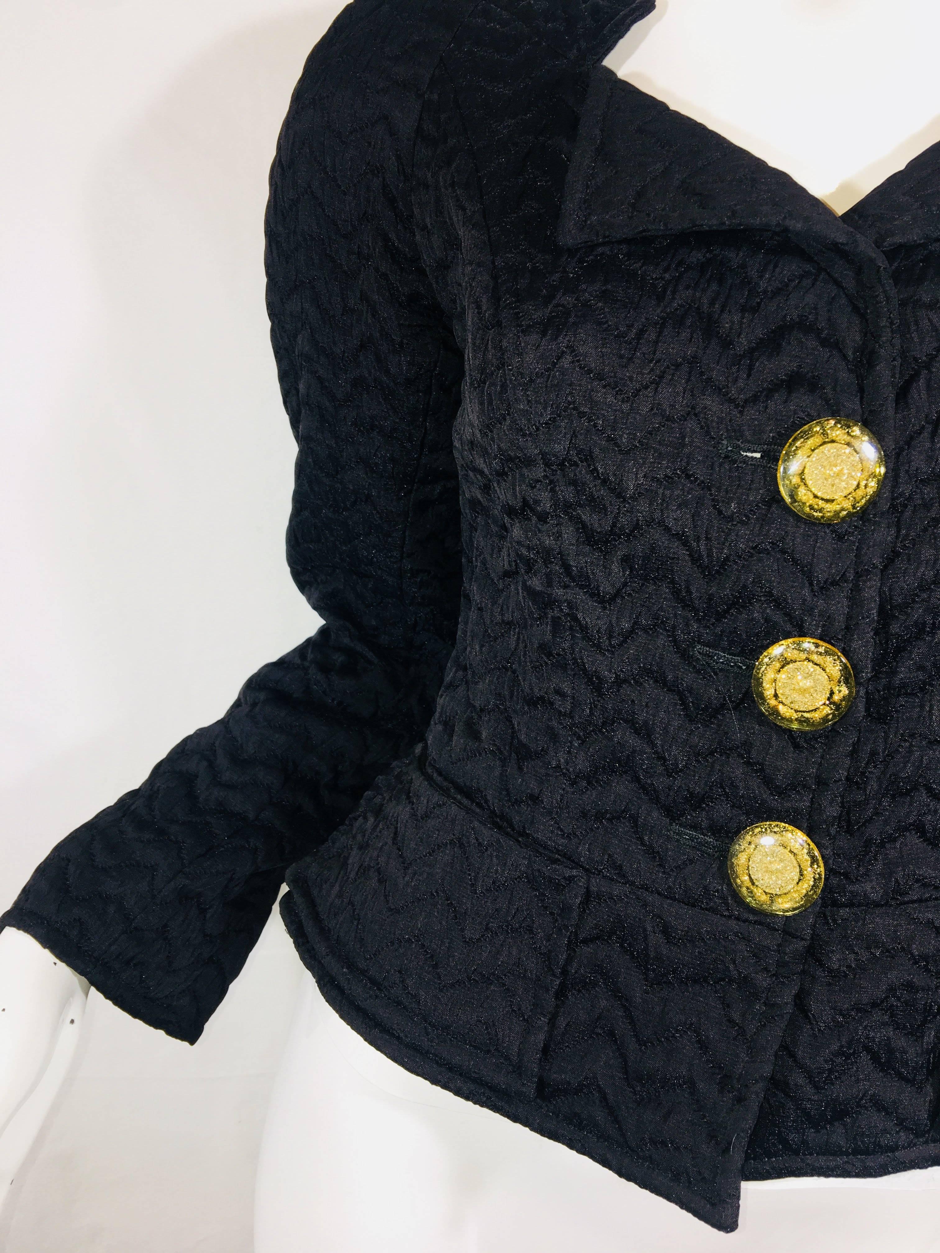 Christian Lacroix Black Nylon Cropped Jacket with Gold Glitter Buttons.