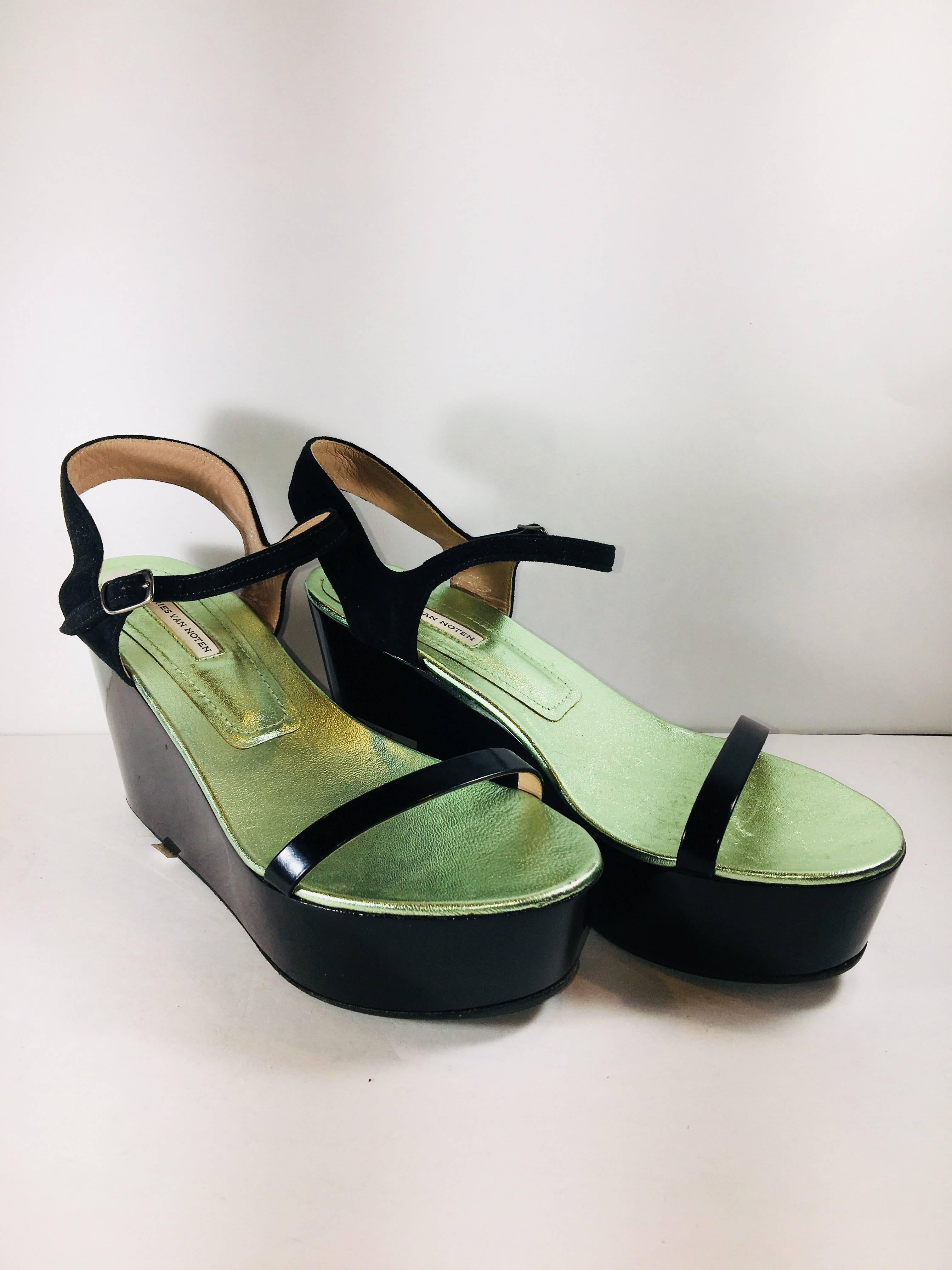 Dried Van Noten Black Patent Leather Platform Sandals.