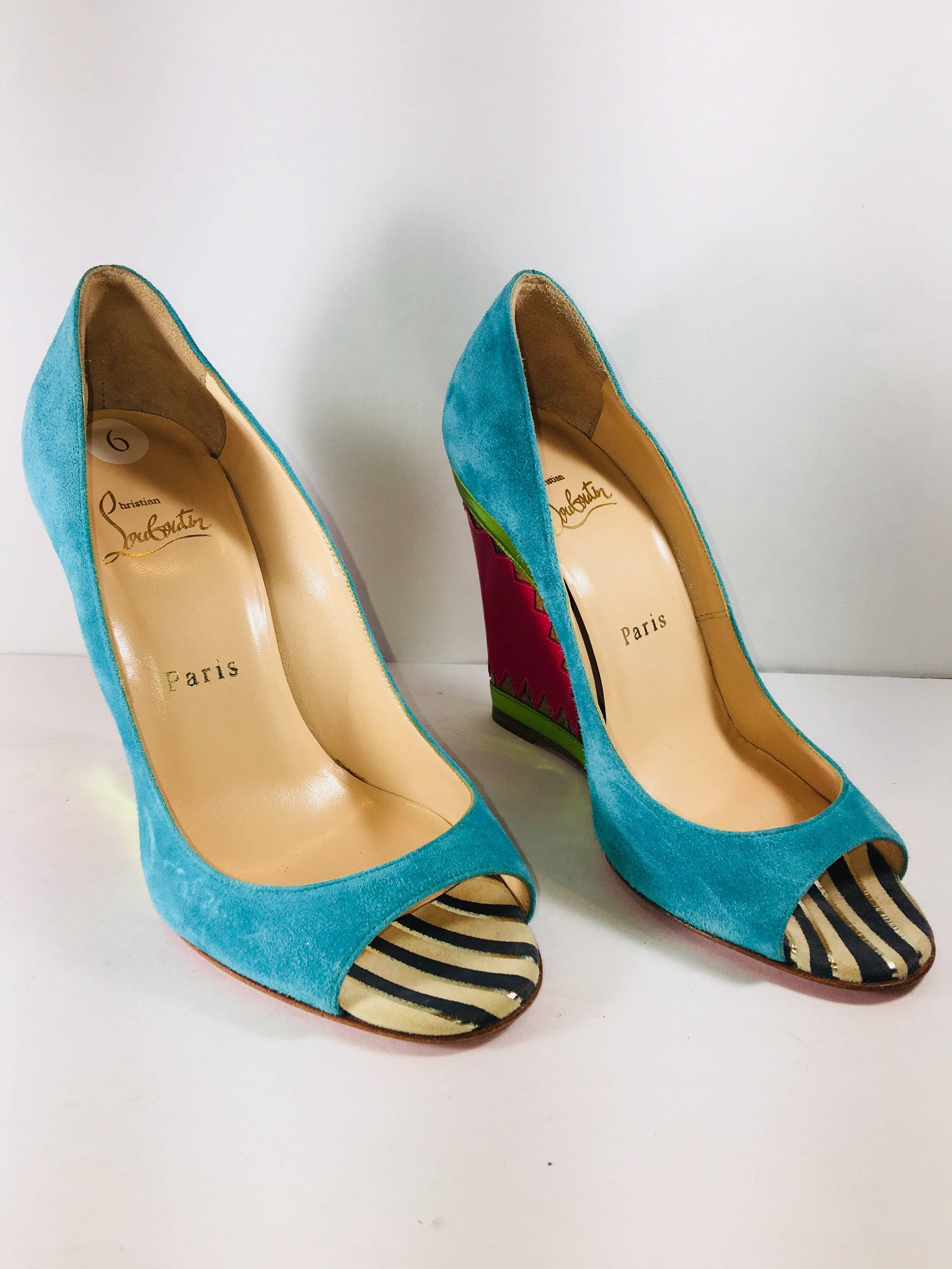 Christian Louboutin Peep-toe Heels in Turquoise Suede with Green Metallic Trim and Cork Wedge with Pink Patent Detail.