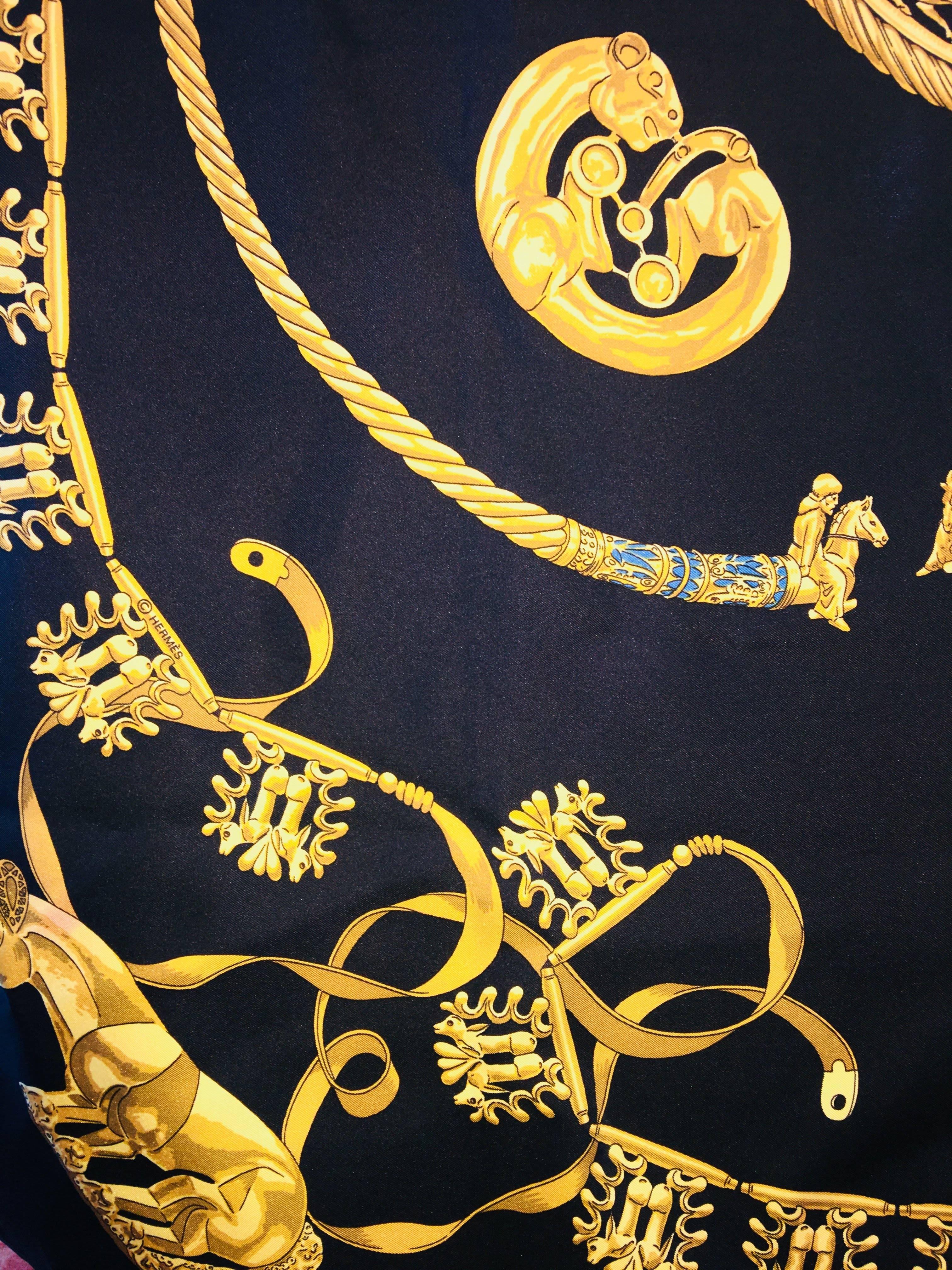 Hermes Silk Black and Gold 'Les Cavaliers D'Or' Scarf 