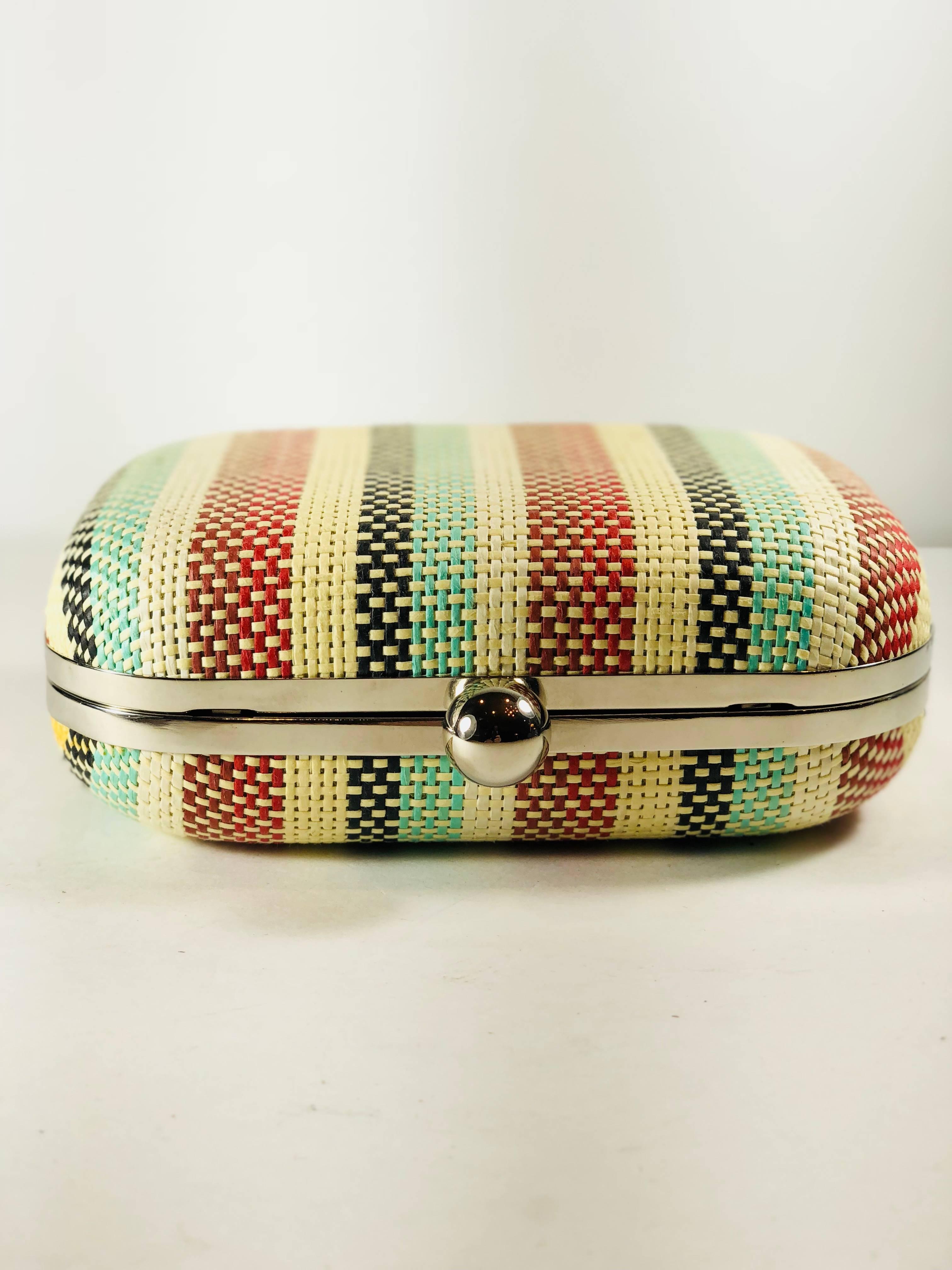 Lilith Striped Woven Clutch, Snap top closure with Long Silver Chain Strap