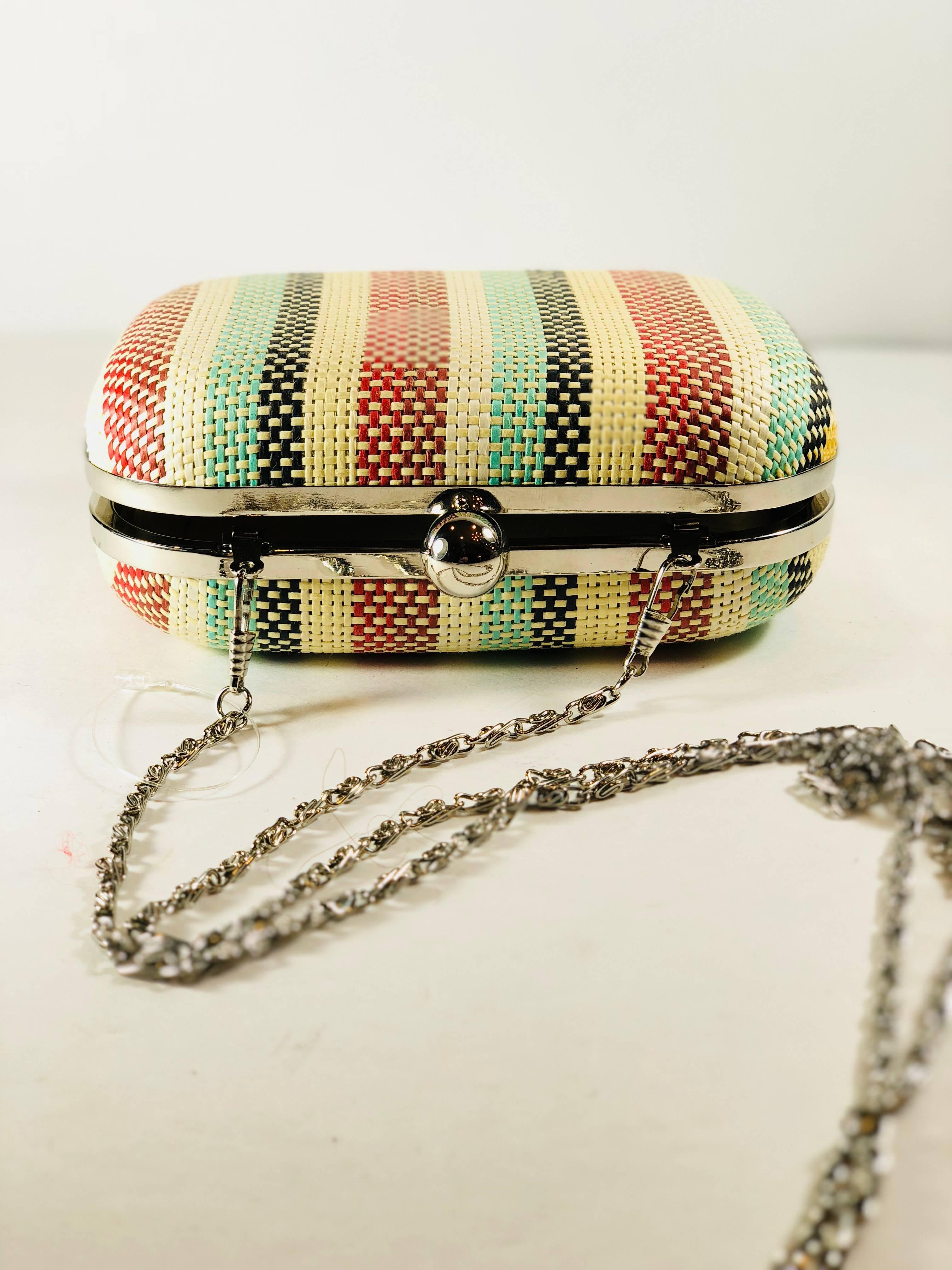 Lilith Striped Woven Clutch with Long Silver Chain Strap In Excellent Condition In Bridgehampton, NY